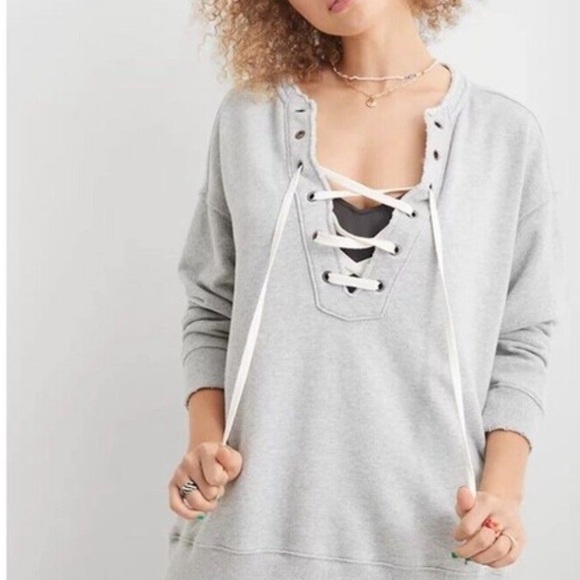 aerie Tops - Aerie Lace Up Oversized Crew Sweatshirt
